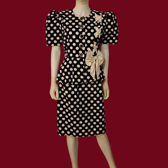 Vtg SUNSHINE STARSHINE 1980s Corduroy Polka Dot Bow Puff Sleeve Power Skirt Set - Picture 1 of 13
